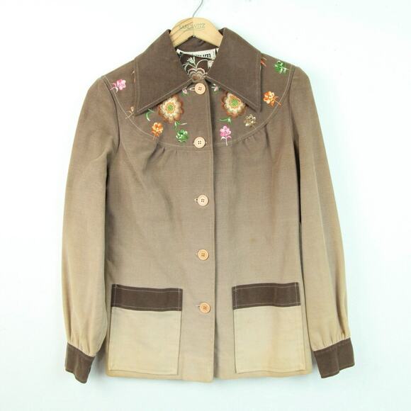 Vintage 70s XS Belted Jacket Brown Floral Embroidered Western Hippy Retro Boho - Picture 1 of 14